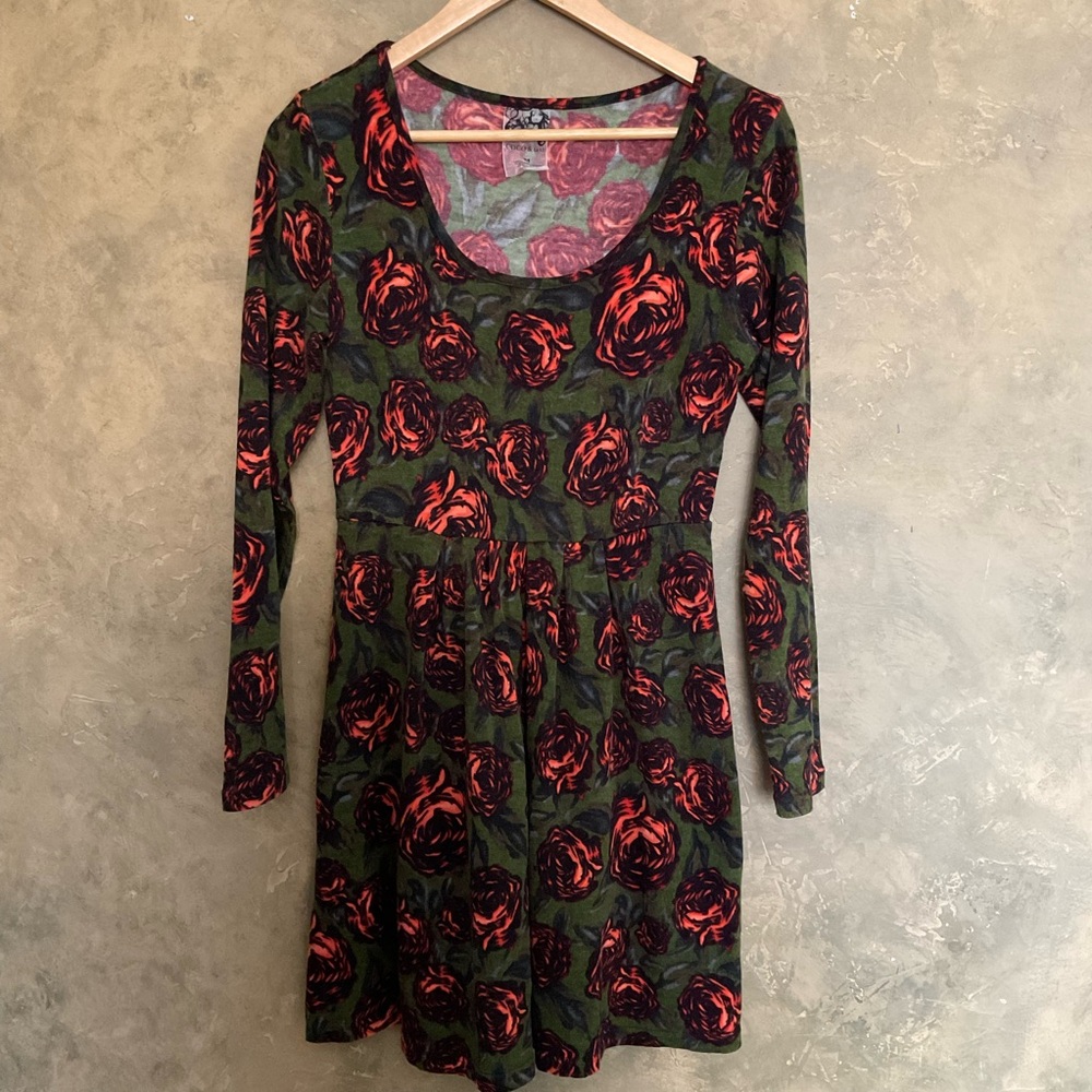 Coco & Tashi Gothic Roses Print Long Sleeve Knit Tunic Dress Forest Green Red M